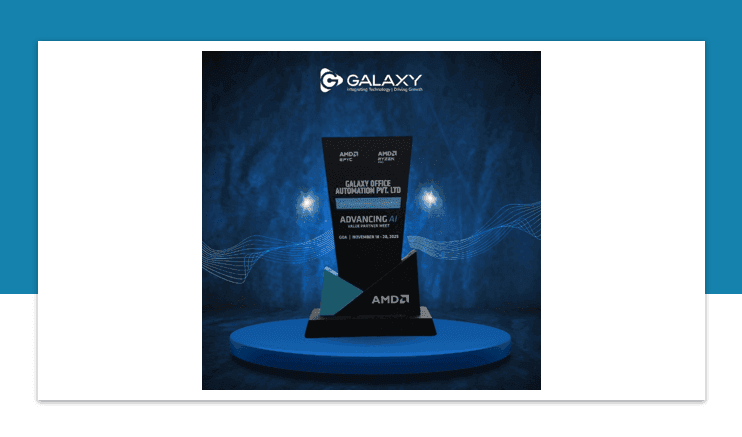 Black award trophy with GALAXY and AMD logos prominently displayed on a blue platform.