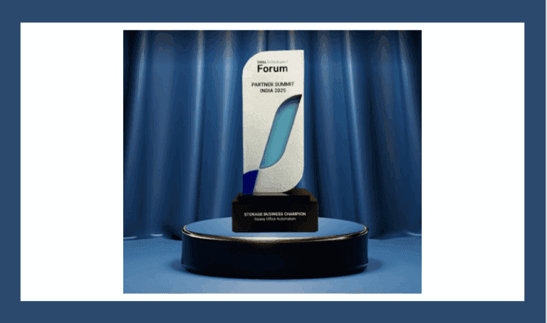Modern white and blue trophy on a pedestal, inscribed with NEXTGEN FORUM EMEA 2023.